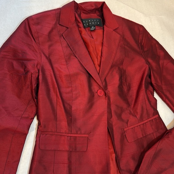 VTG Finity Studio Red 100% Silk 2-Piece Pantsuit Blazer & Trousers Women’s Sz 6 - Picture 2 of 14